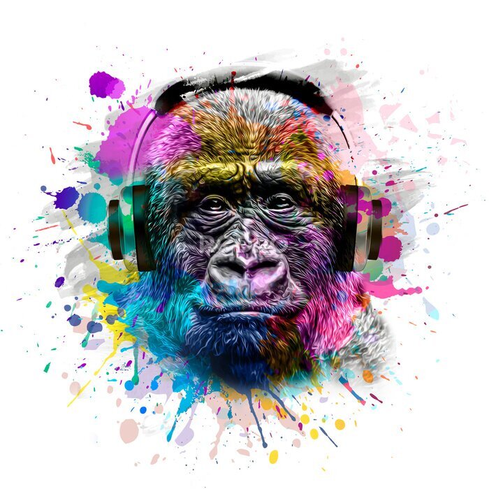 Poster gorilla monkey head with eyeglasses and headphones with creative colorful abstract elements on dark background