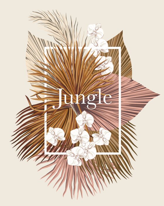 Poster Gouden en roze bladeren versierd met een orchidee