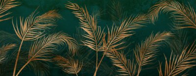 Fotobehang Gouden palmbladeren op een donkergroene achtergrond