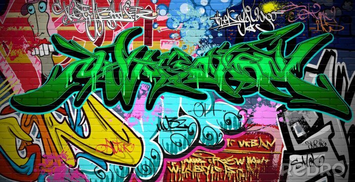 Poster Graffiti 3D in kleur op een muur