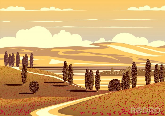 Poster Grafiek met weiden en heuvels van Toscane