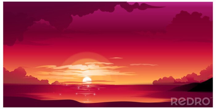 Poster Grafiek met zee en ondergaande zon