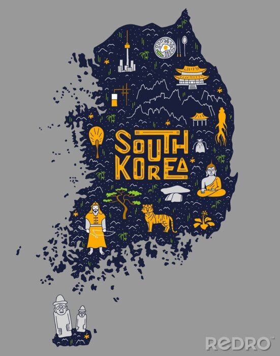 Poster Grafische kaart van Zuid-Korea