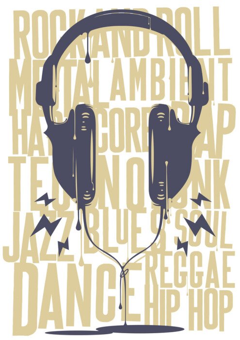 Poster Grafische koptelefoon met een achtergrond van songteksten