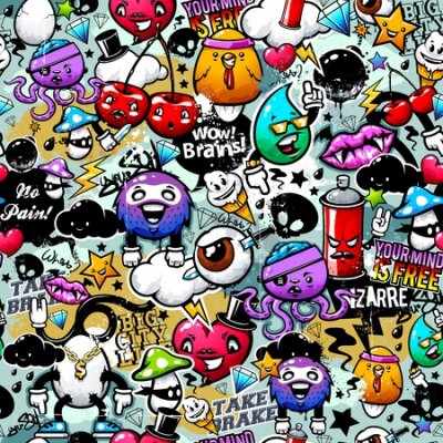 Poster Grafische vormgeving met afbeeldingen en slogans in graffitistijl.