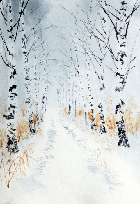 Poster Grafische weergave met berkenstammen van onderaf