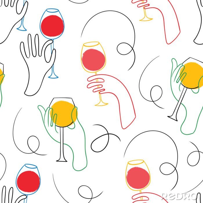Poster Graphic one line hands with wine. Hand drawn colored vector seamless pattern