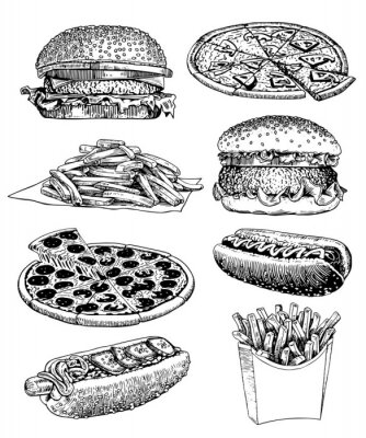 Poster Graphical set of fast food isolated on white, vector sketch