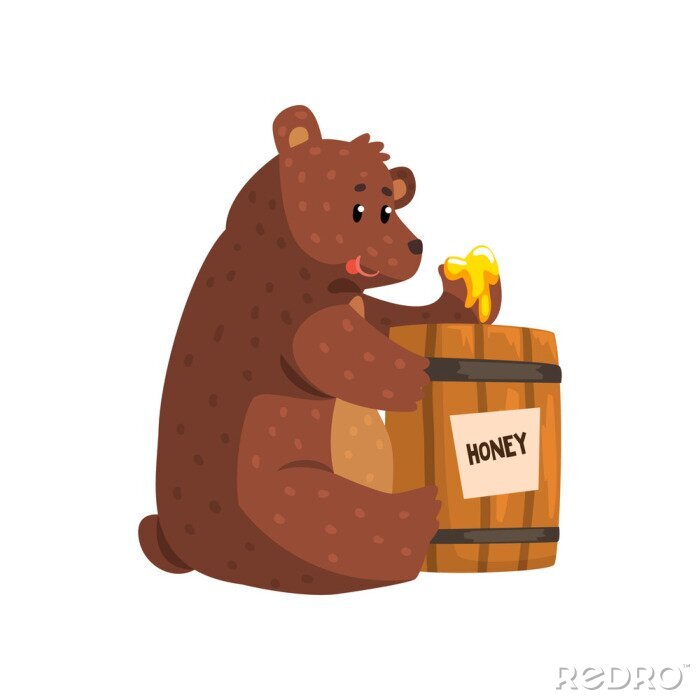 Poster Grappige bruine beer die honing van houten vat eet. Cartoon bosdier met korte staart, kleine oren en glanzende ogen. Platte vector voor kinderen boek, sticker of wenskaart