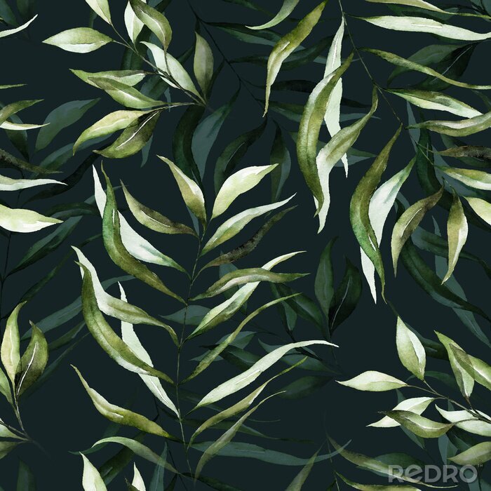 Poster Green tropical leaves on dark background. Watercolor hand painted seamless pattern. Floral tropic illustration. Jungle foliage.