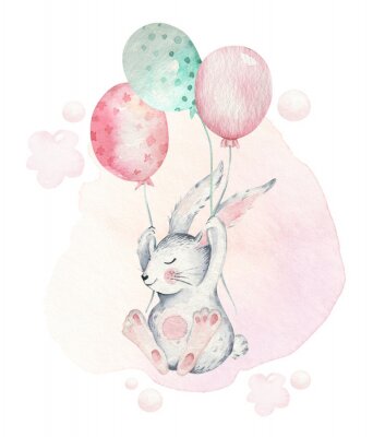 Grijs konijntje vliegend op ballonnen