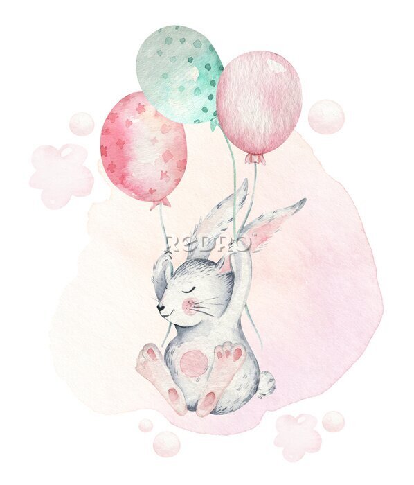 Poster Grijs konijntje vliegend op ballonnen
