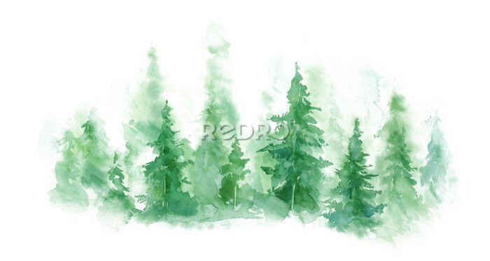 Poster Groen landschap van mistig bos, de winterheuvel. Wilde natuur, bevroren, mistig, taiga. aquarel achtergrond