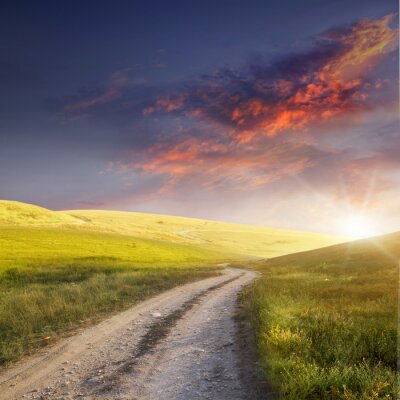 Groen veld met zonsondergang achtergrond