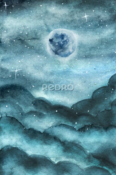 Poster Groenachtig aquarel landschap met de maan