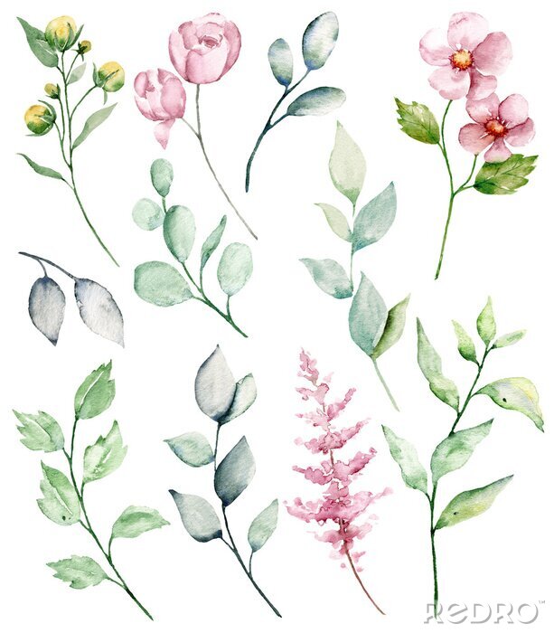 Poster Groene bladeren en aquarel bloemen
