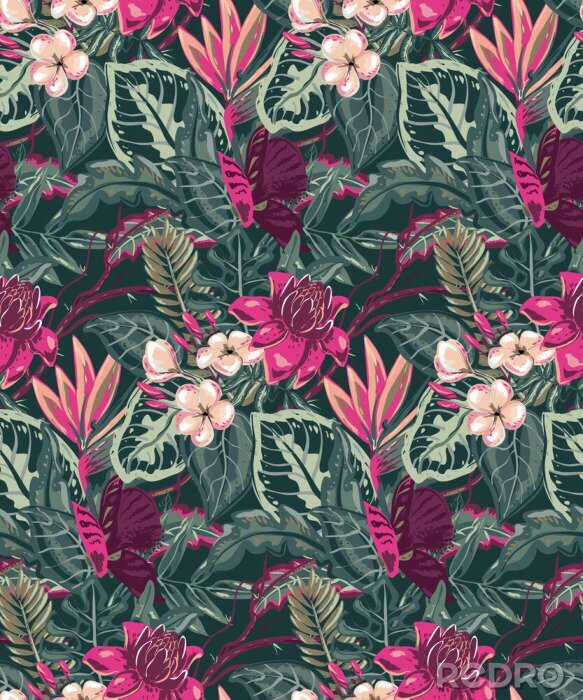 Poster Groene bladeren en roze tropische bloemen