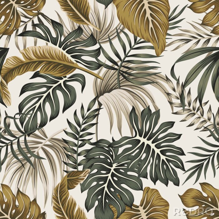 Poster Groene en beige bladeren uit de tropen