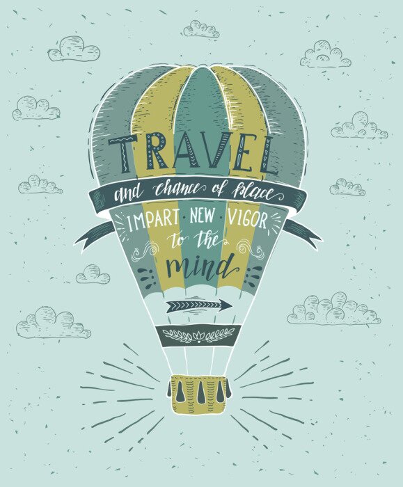 Poster Groene en gele ballon met een slogan over reizen