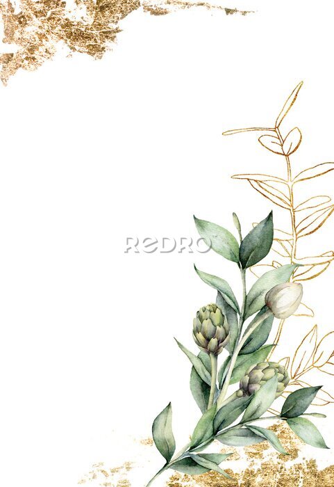 Poster Groene en gouden bladeren op een witte achtergrond