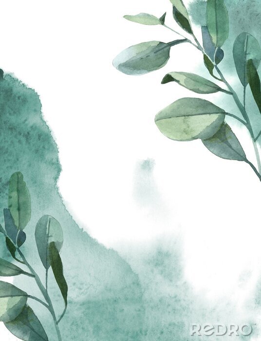 Poster Groene eucalyptusbladeren en waterverfachtergrond