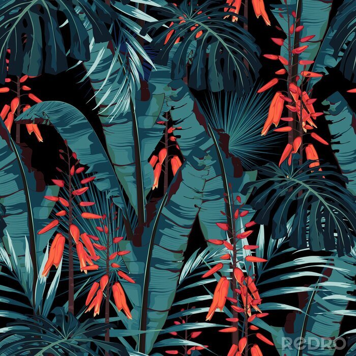 Poster Grote exotische bladeren in donkere kleuren