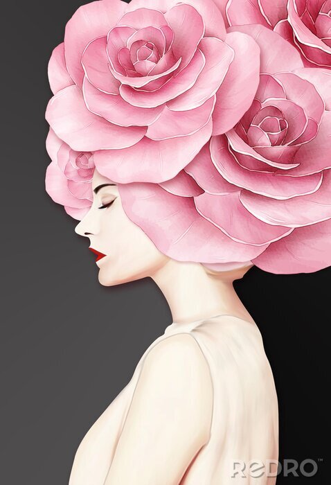 Poster Grote rozen die het hoofd van een vrouw versieren