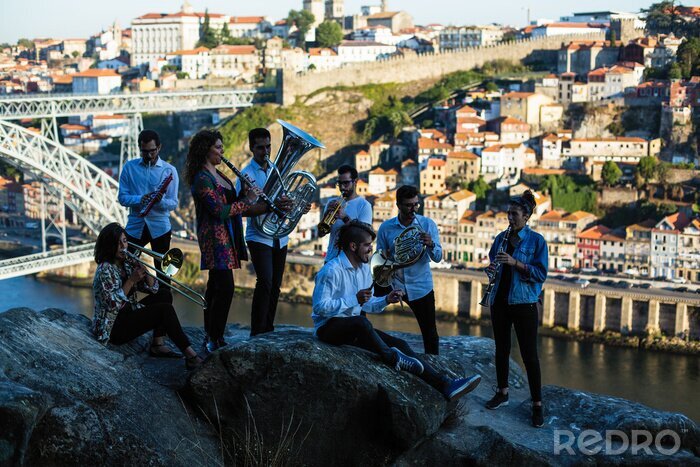 Poster Group of musicians, Jazz band, play music in the old Porto, Portugal.