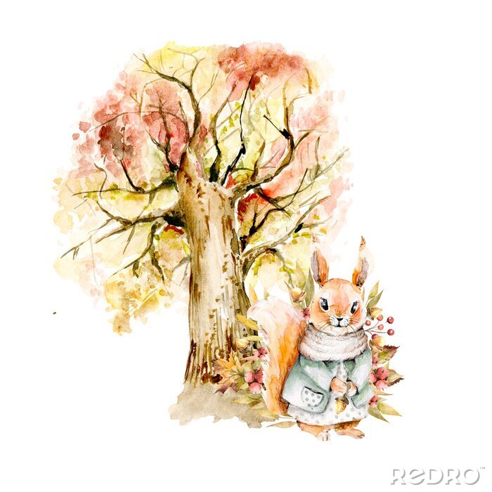 Poster Hand drawing watercolor illustration - squirrel in a dress with floral composition of acorns, leaves, berries, flowers and autumn tree. illustration isolated on white
