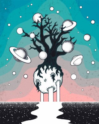 Poster Hand drawn abstract mystery tree on the moon in deep space.