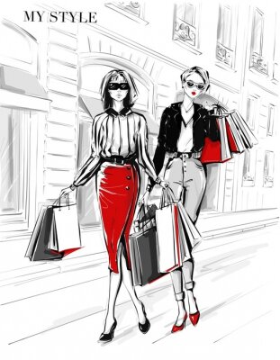 Sticker Hand drawn beautiful two young women with shopping bags. Fashion woman in red skirt. Women on street background. Black and white sketch. Fashion illustration.