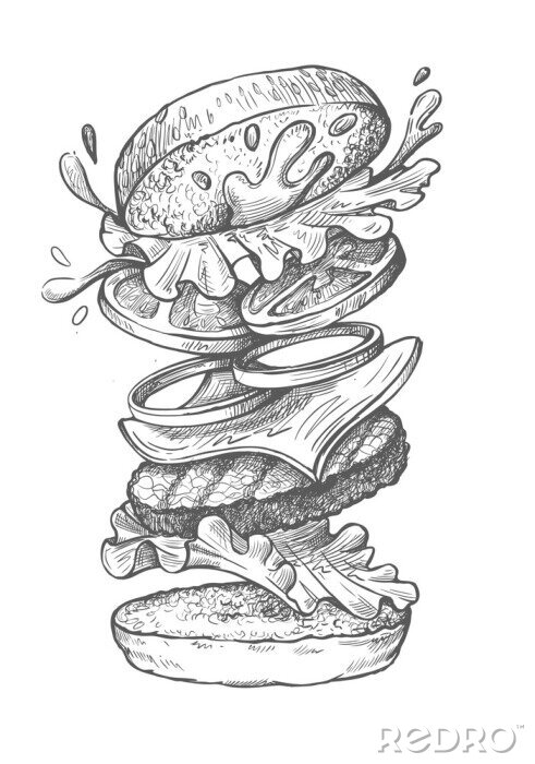 Poster Hand drawn burger in flight in layers
