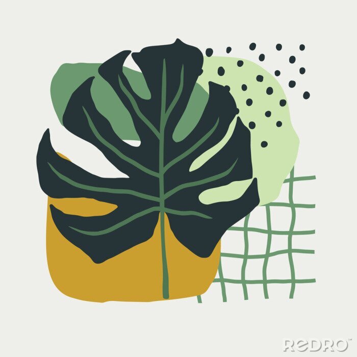 Poster Hand Drawn collage of simple shapes and leaves monstera in Scandinavian style in green colors. vector illustration