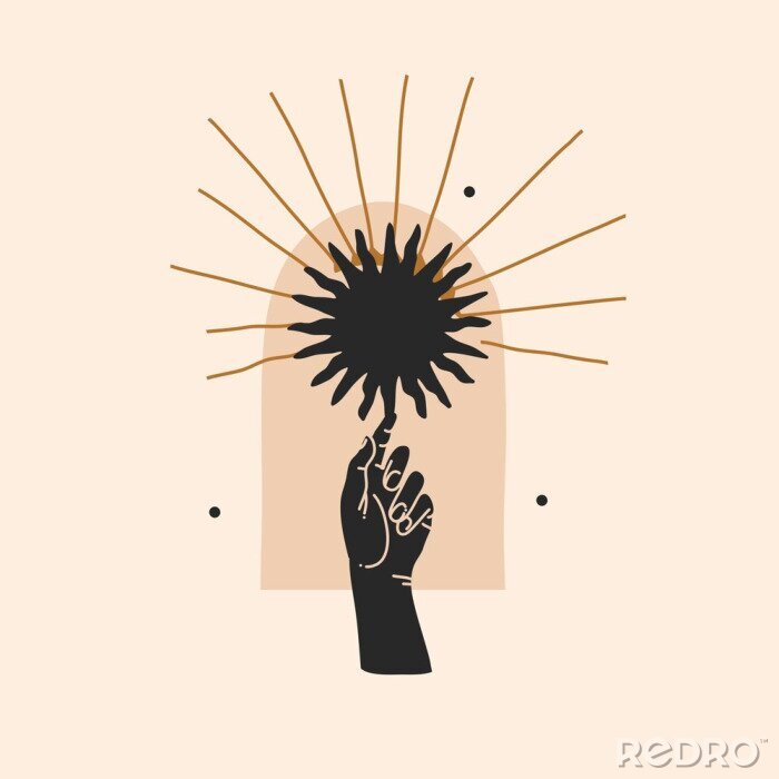 Poster Hand drawn vector abstract stock flat graphic illustration with logo element,magic line art of gold sun,female hand silhouette and eye in simple style for branding,isolated on color background