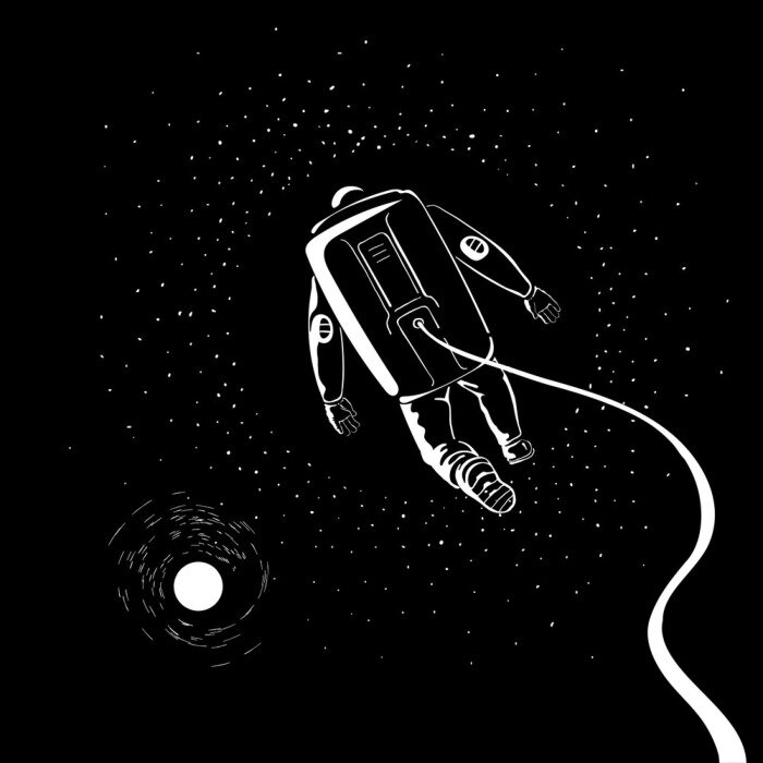 Poster Hand drawn vector astronaut character. Spaceman wearing a space suit and flying in the cosmos