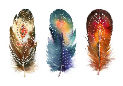 Poster Hand drawn watercolor feather set.  Boho style. illustration iso