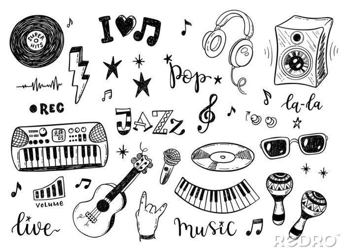 Poster Hand getekende schets set van muziek cultuur doodles, instrumenten, notities, tekens en symbolen