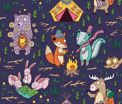 Hand getrokken camping naadloze patroon met stripfiguren