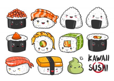 Hand getrokken verschillende kawaii sushi. Gekleurde vector set. Alle elementen zijn geïsoleerd