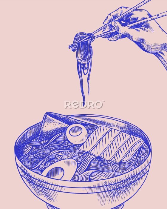 Poster  Hand holds chopsticks. Ramen noodles. Japanese food poster. Sushi bar, soup in a bowl, roll and dessert, Asian tea. Soy sauce. Drawn engraved sketch for menu. Monochrome style. Vector illustration