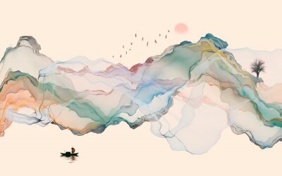 Sticker Hand-painted lines, abstract ink landscape decorations, art poster background