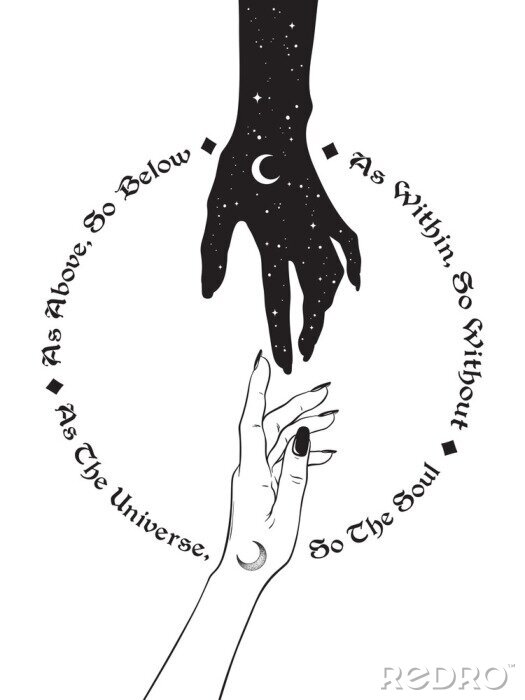 Poster Hand van universum reiken naar menselijke hand. Inscriptie is een stelregel in hermeticisme en heilige geometrie. Zo boven zo beneden. Zwart werk, flash tattoo of print ontwerp vectorillustratie