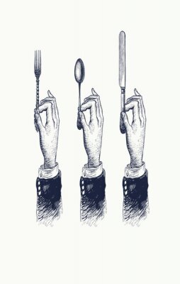 Poster Handen met bestekjes, bakje met cloche, alcoholdrankje. Lepel, vork en mes. Glas, schot, wijnglas met potables Vintage gestileerde tekening. Vector illustratie in een retro houtsnede stijl