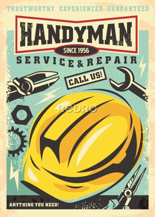 Poster Handyman service and repair poster advertisement with various tools and gears. Yellow safety helmet retro sign for repairman works. Vector ad flyer pamphlet layout on old  paper texture.