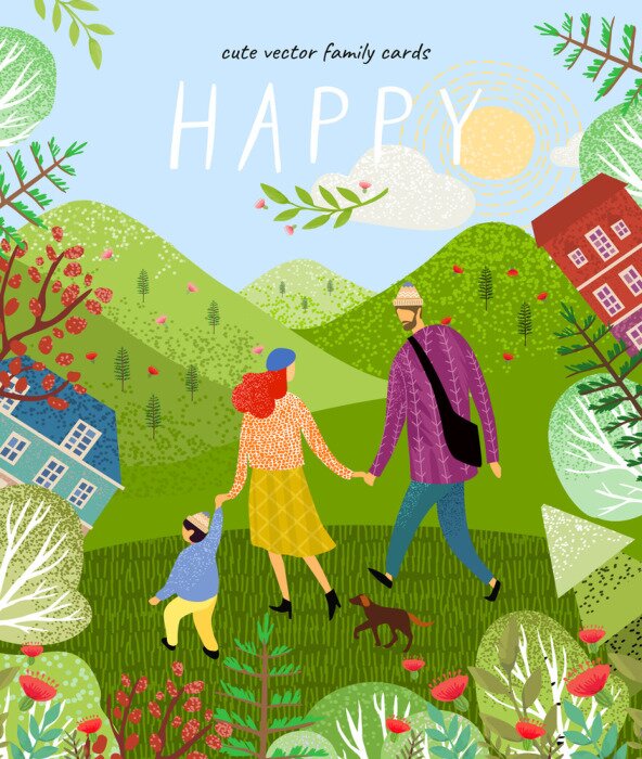 Poster happy family. Cute vector poster, card or cover with an illustration of a father, mother and newborn baby on a background of green nature, mountains and forest landscape with flowers