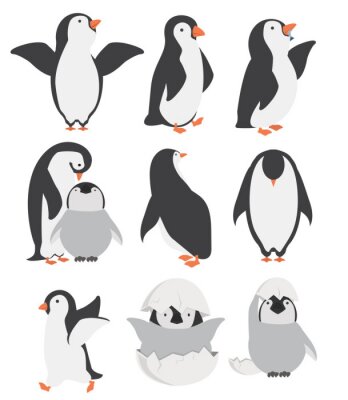 Sticker Happy penguin and chicks characters in different poses set