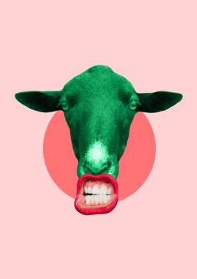 Hard choice. An alternative view of emotions. Animal green head with the big mouth, red lips and white teeth rounded in centre of trendy coral background. Modern design. Contemporary art collage.