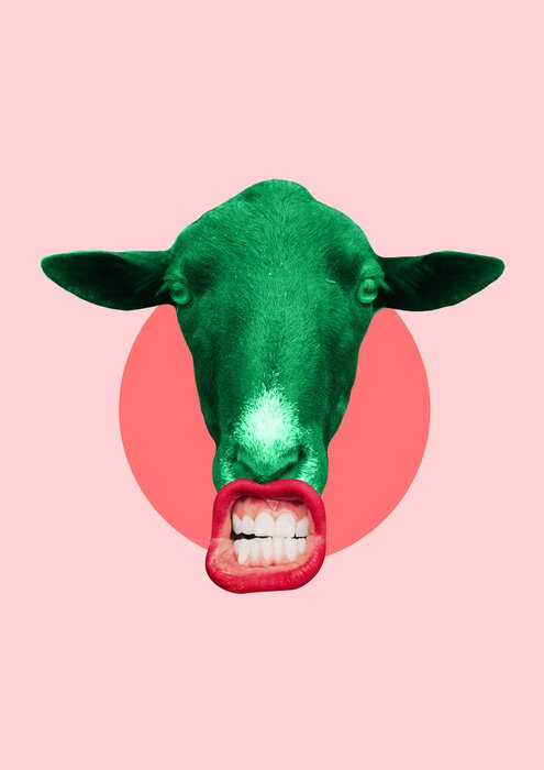 Poster Hard choice. An alternative view of emotions. Animal green head with the big mouth, red lips and white teeth rounded in centre of trendy coral background. Modern design. Contemporary art collage.