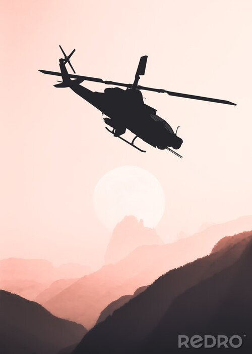Poster Helikopter in vlucht op een roze hemelachtergrond
