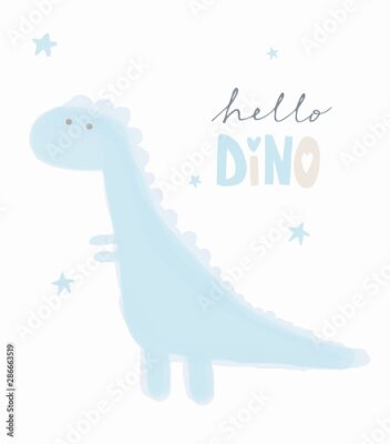 Poster Hello Dino. Sweet Nursery Vector Art with Cute Hand Drawn Blue Dinosaur and Stars. Childish Style Illustration Ideal for Card, Wall Art, Invitation, Poster, Baby Room Decor.
